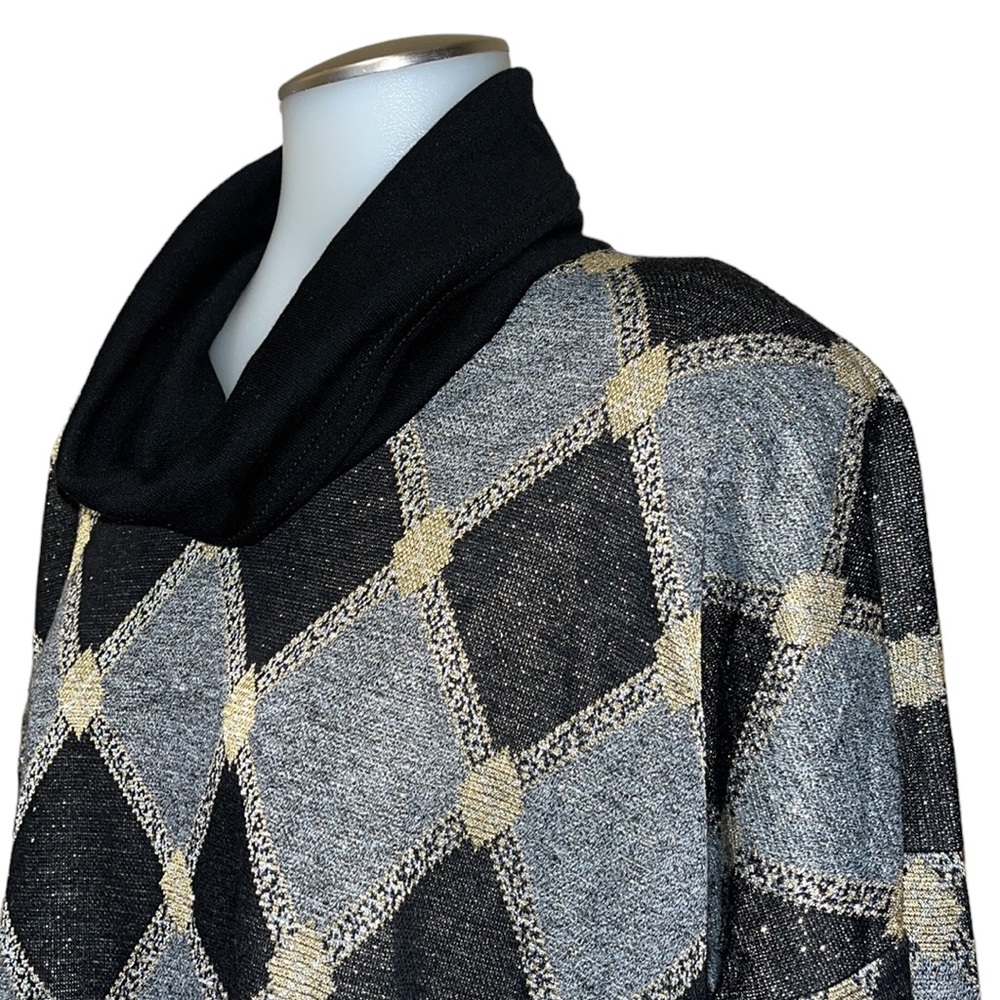 Vintage 80s/90s Season Ticket Metallic Cowl Neck Sweater~Diamond Print~M